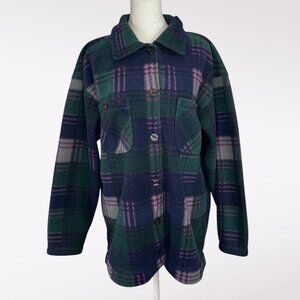 Basic Editions Plaid Fleece Button Up Shirt Jacket Green Purple Blue Large